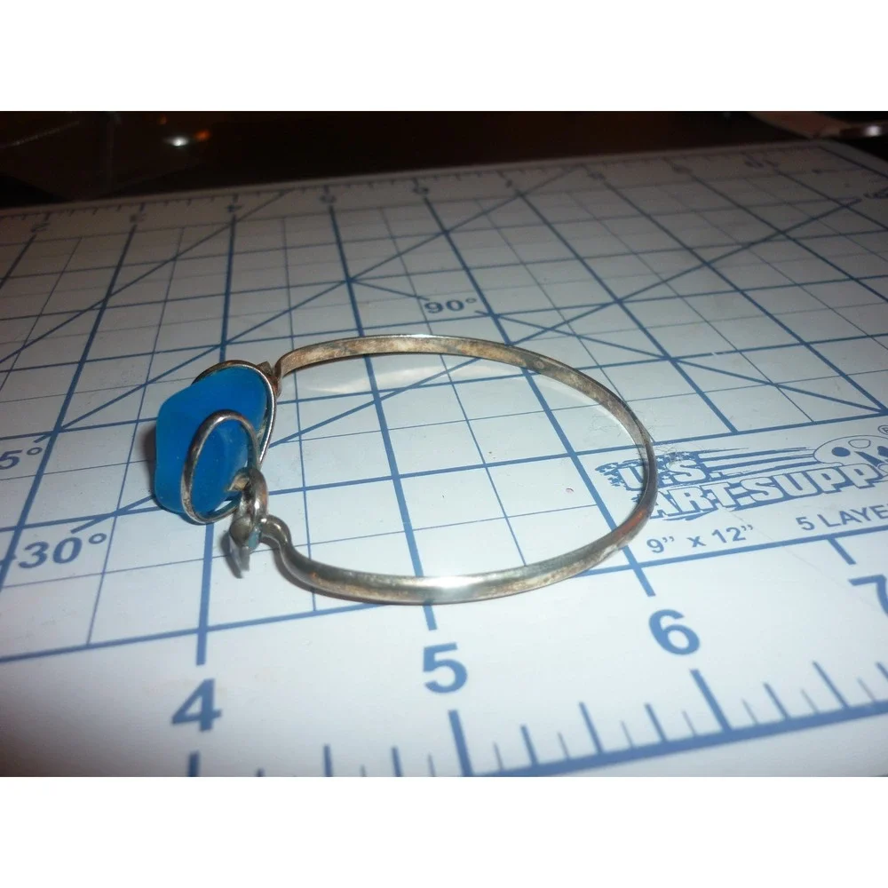 Vtg Sterling Silver Blue Sea Glass Bangle Bracelet Artisan Wire Wrapped Hook Eye